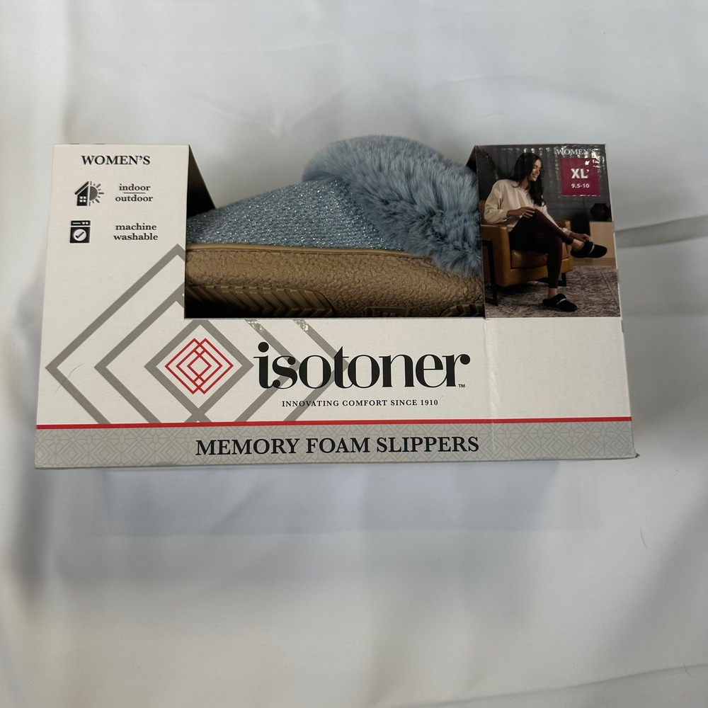 Isotoner Womens Blue Willow Memory Foam Slippers Faux Fur Clog XL 9.5-10 08596